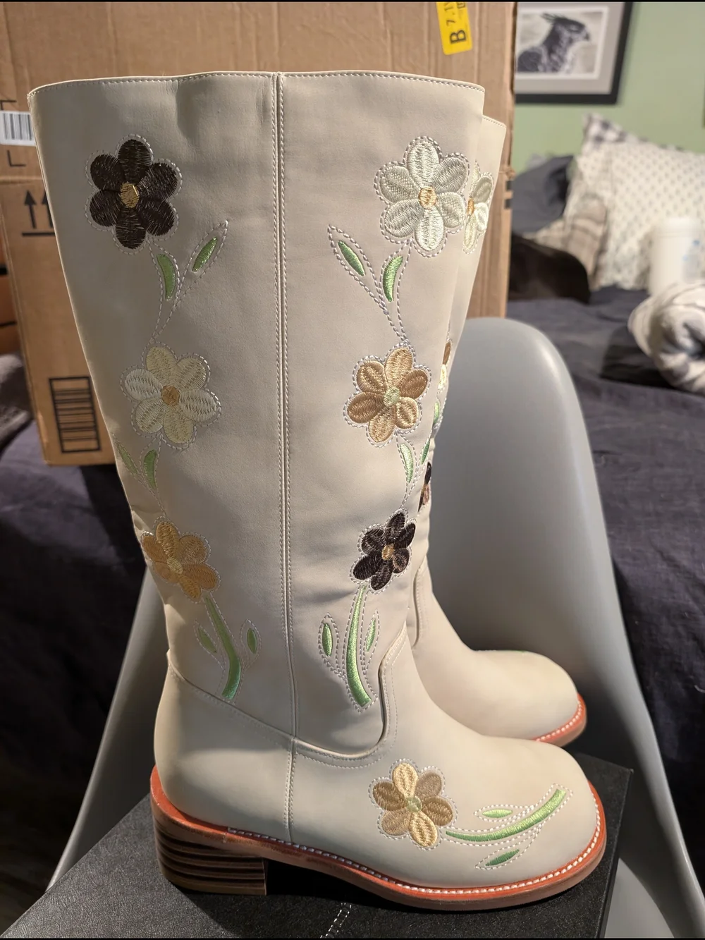 Embroidered Cream Over-the-Knee Boots with Floral Detail